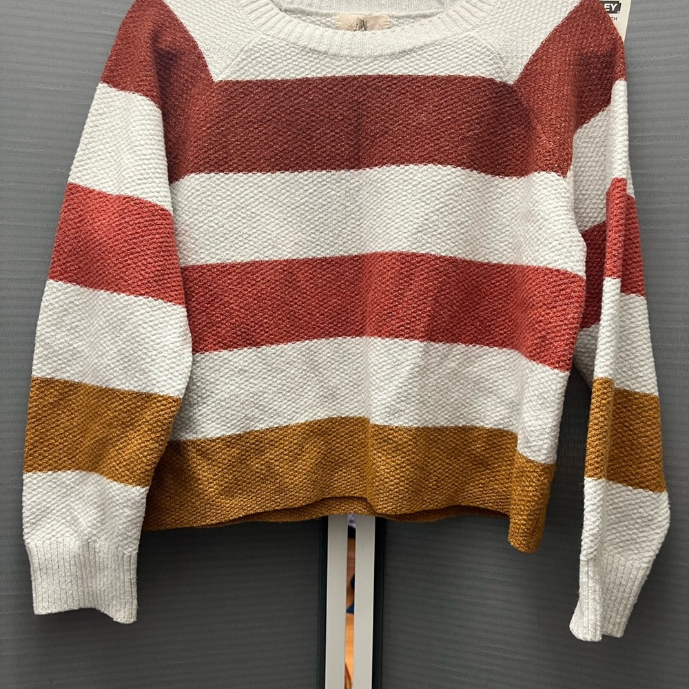 Red and White Crew Neck Sweater with Stripes
